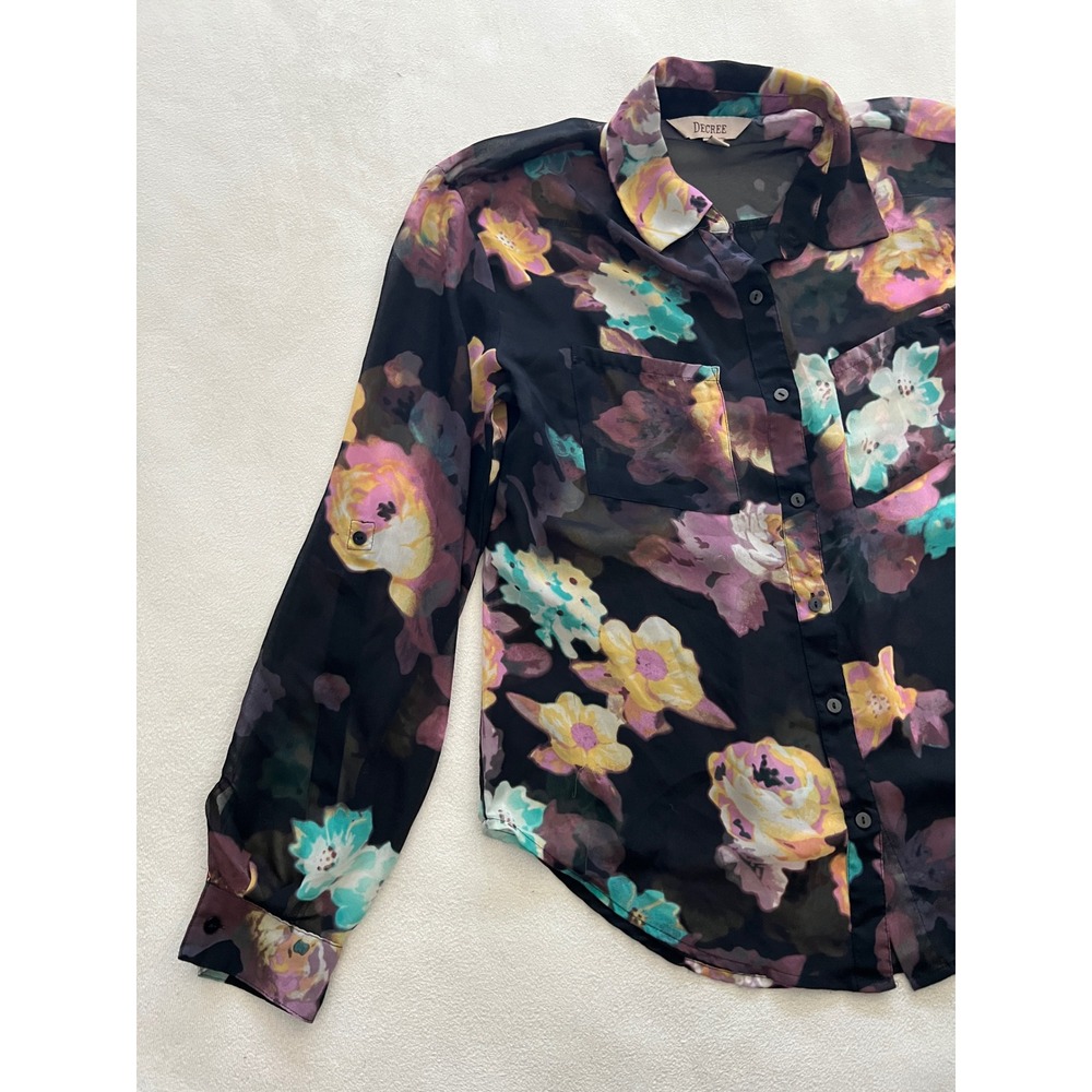 Decree Women Black Floral Sheer Button Down Blouse Long Sleeve Shirt Size M - Picture 10 of 13